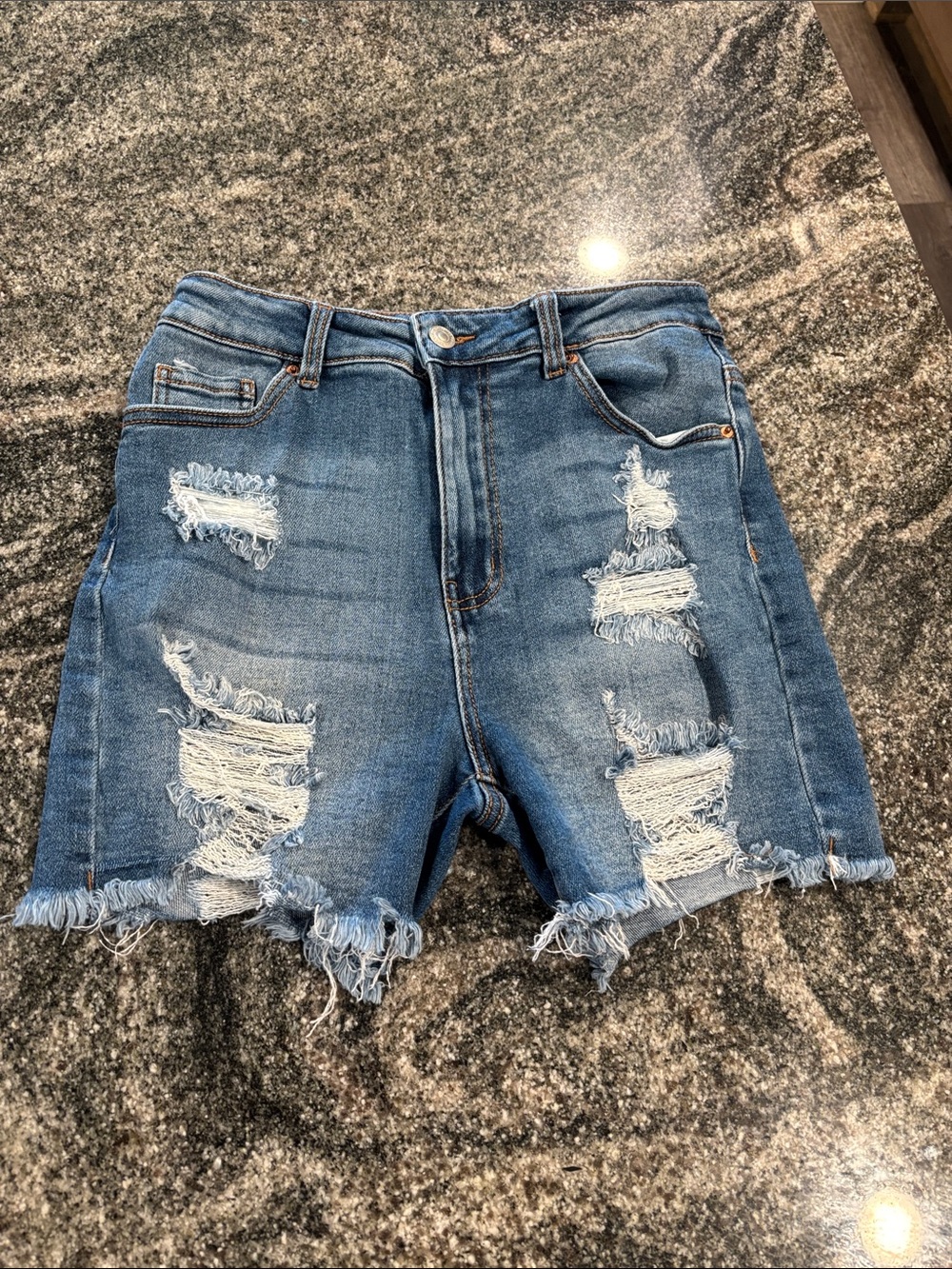 High-Rise Distressed Denim Shorts in Blue Wax Jean size medium